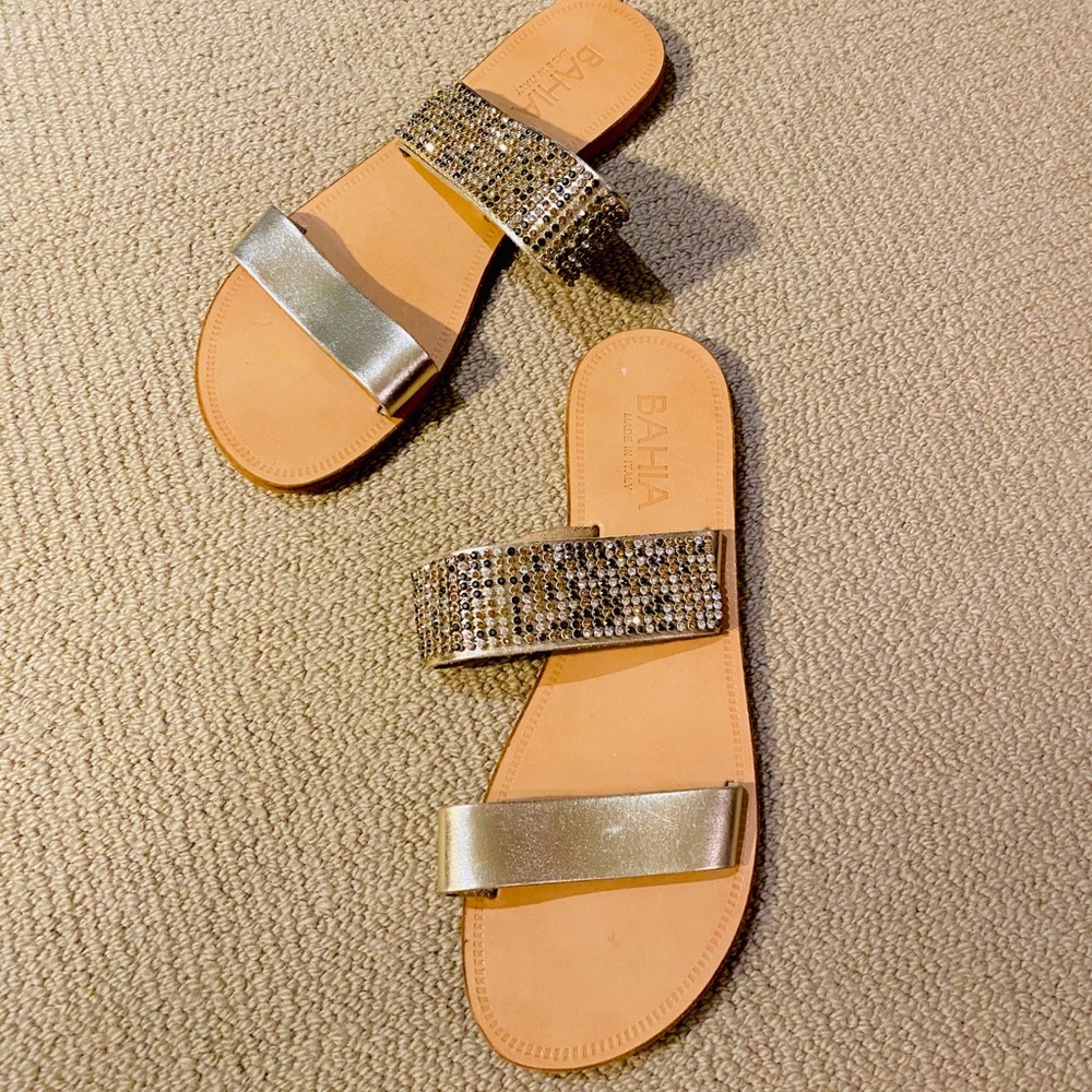 Bahia Italian Gold Rhinestones Leather Flats8.5
